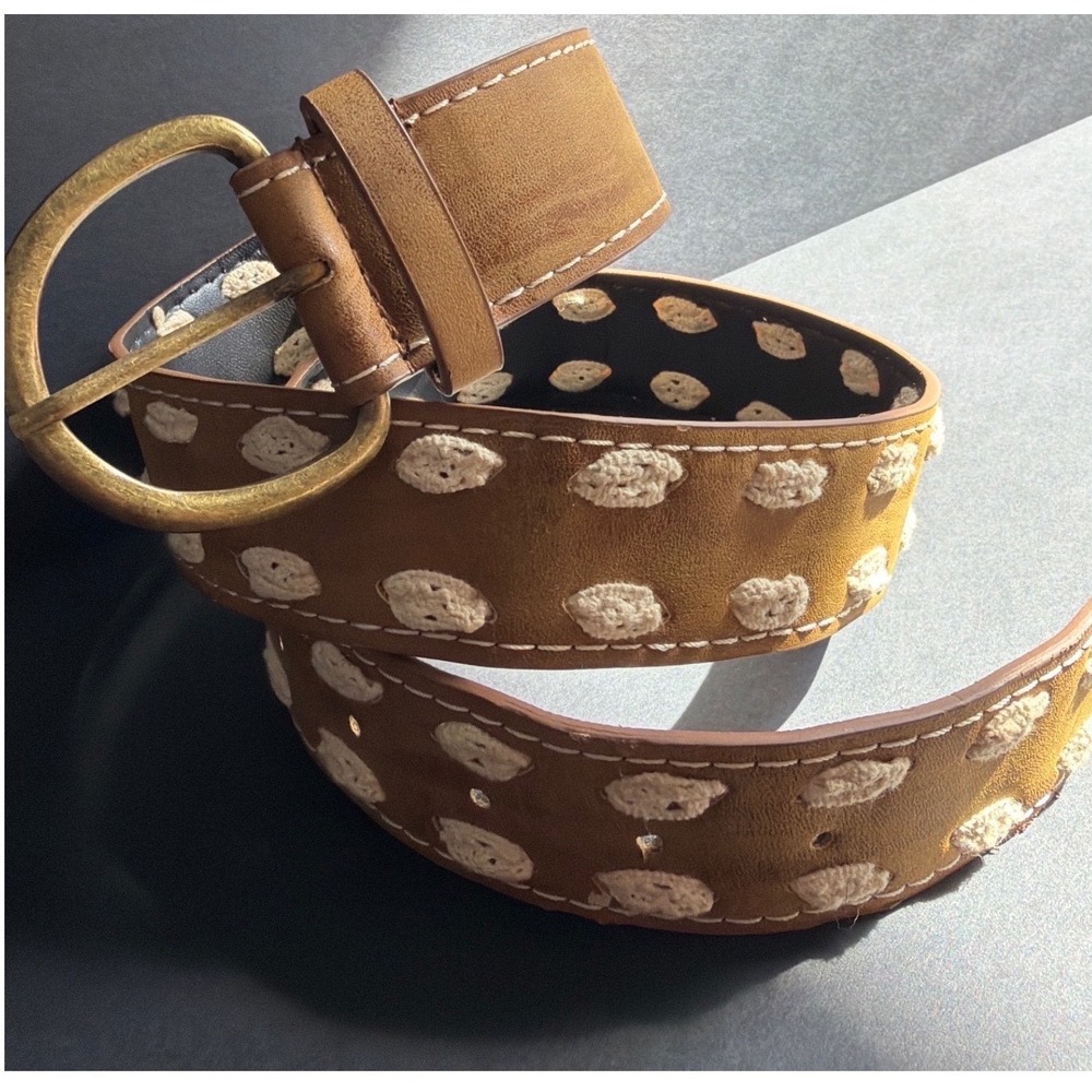 Boho Tan Faux Leather‎ Crochet Polka Dot Wide Belt Brass Buckle Brown Cream